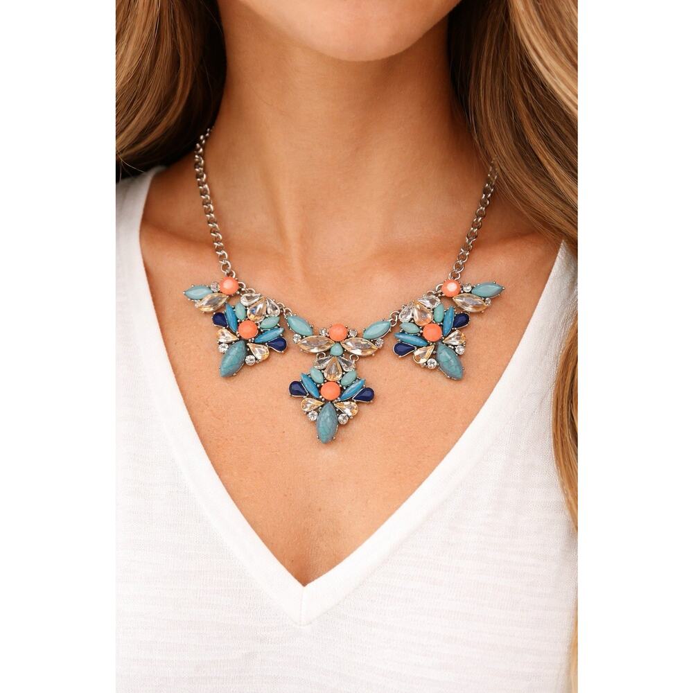 Silver Boho Statement Bib Necklace Turquoise Coral Crystal 25”